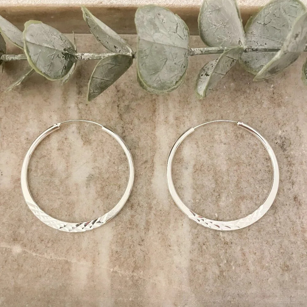 925 Sterling Silver Diamond Cut Hoop Earrings Textured Hoops Silver 2 inch Hoops